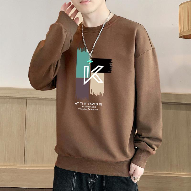 Men's Crew Neck Sweater T-Shirt Bottom Shirt Trend Loose Pullover Casual Autumn and Winter Fleece Thickened Long Sleeves