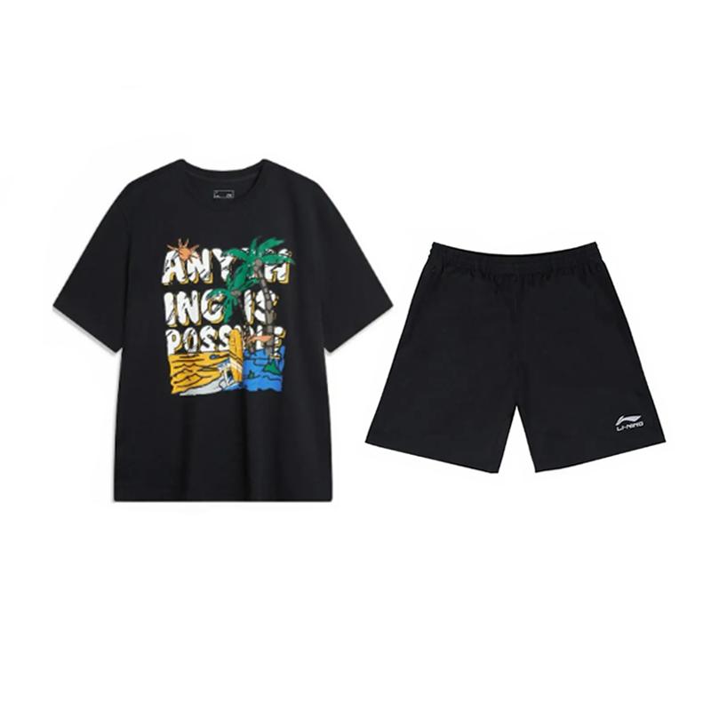 Li-Ning Letter Print Fashion Cool Breathable Comfortable Versatile Round Neck Pullover Short Sleeve T-Shirt Casual Sports Suit AHSU707-1+YKSV147-2