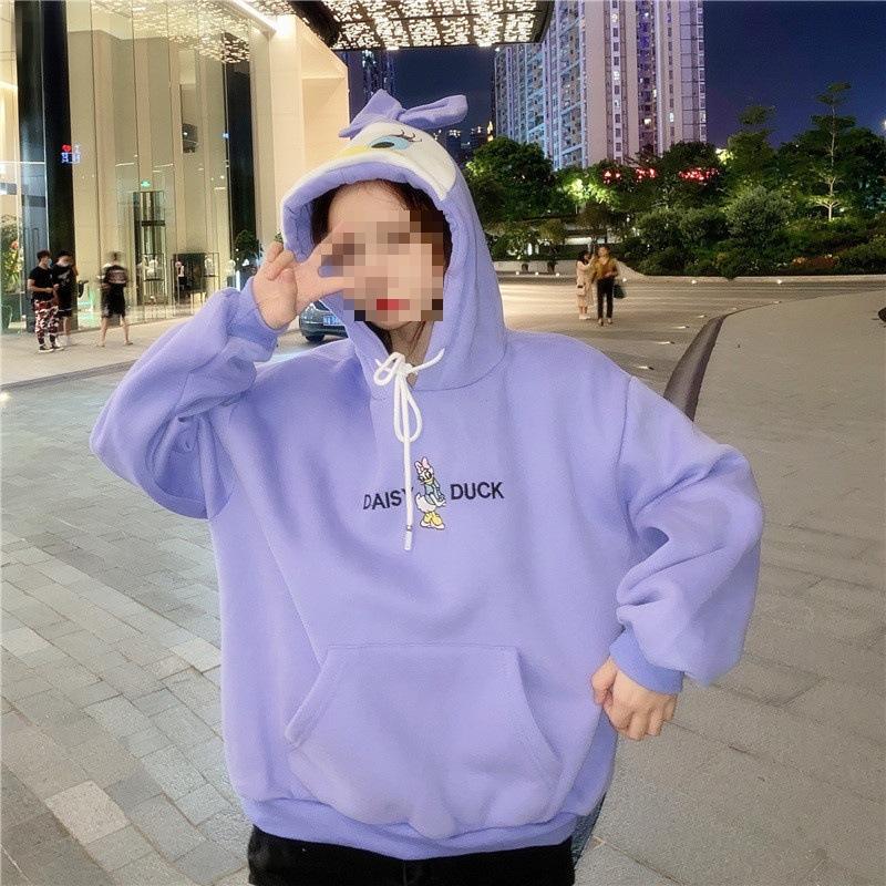 

Толстовки женские флисовые толстые пальто Дэвида милый мультяшный утенок с вышивкой свободная версия пуловер толстовка для женщин 2XL фиолетовый