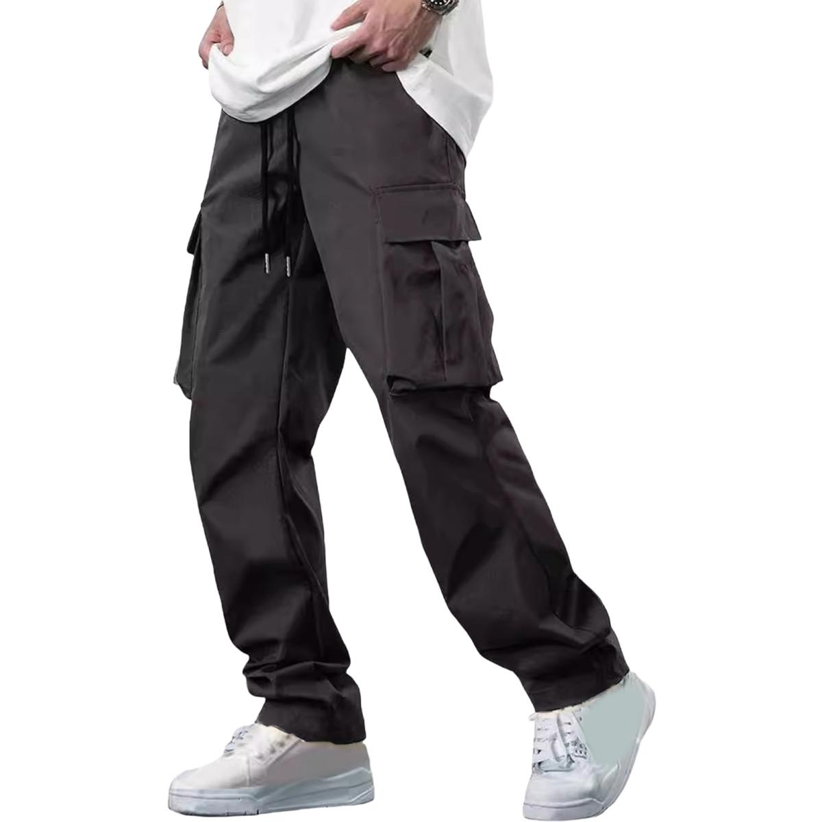 

Мужские летние брюки с несколькими карманами, эластичным поясом на шнурке, свободные брюки-карго, однотонные уличные брюки для походов на свежем воздухе, кемпинга M темно-серого