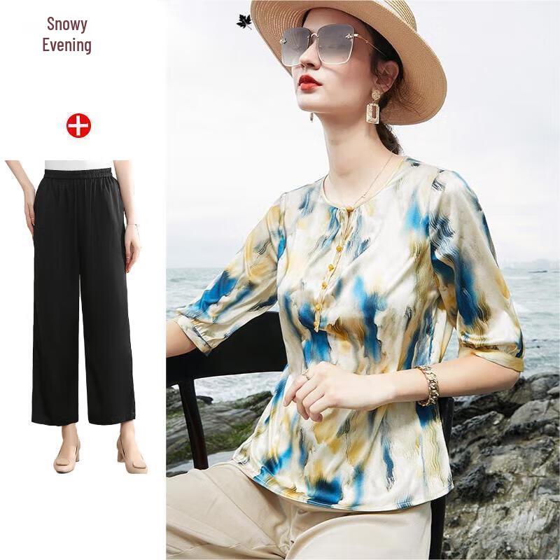 Women s Silk Blend Oil Painting Print Mid-Sleeve Top 2XL