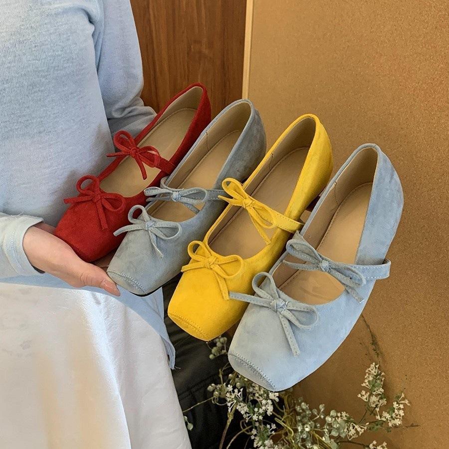 Innere Erhöhung Schleife gelb Mary Jane Einzelschuhe Damenschuhe 2025 Frühling und Sommer mit Rock Retro Ballerinas