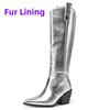 Western Women's Knee High Boots Genuine Leather Silver Cowboy Boot Pointed Wedges Heel Party Winter Shoes Ladies Big Size Brand