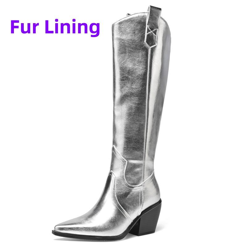 Western Women's Knee High Boots Genuine Leather Silver Cowboy Boot Pointed Wedges Heel Party Winter Shoes Ladies Big Size Brand