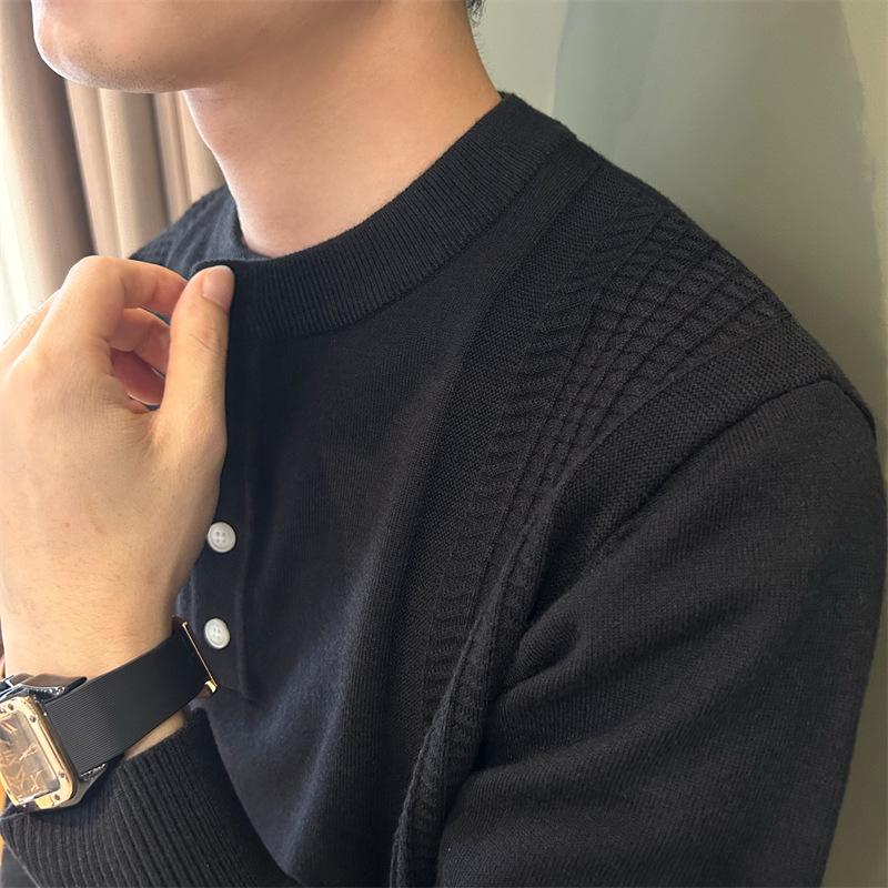 Men's Henley Neck Long Sleeve Knit Sweater: Lightweight British Style for Autumn/Winter