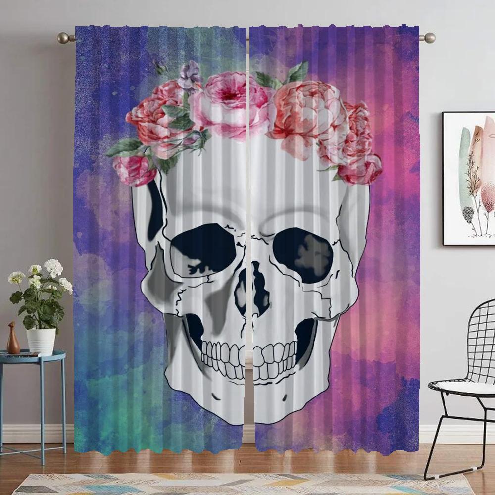 Mexico Flower Skull Blackout Curtains for Living Room Window Curtain for Room 2 Panel Partition Home Interior Curtains Shades