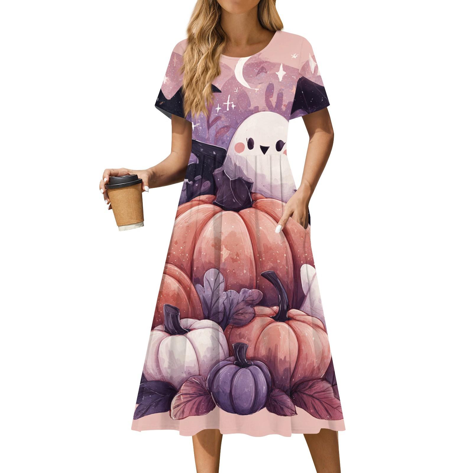 

Women s Casual Fashion Halloween Printed Short Sleeve Round Neck Dress M рожевий