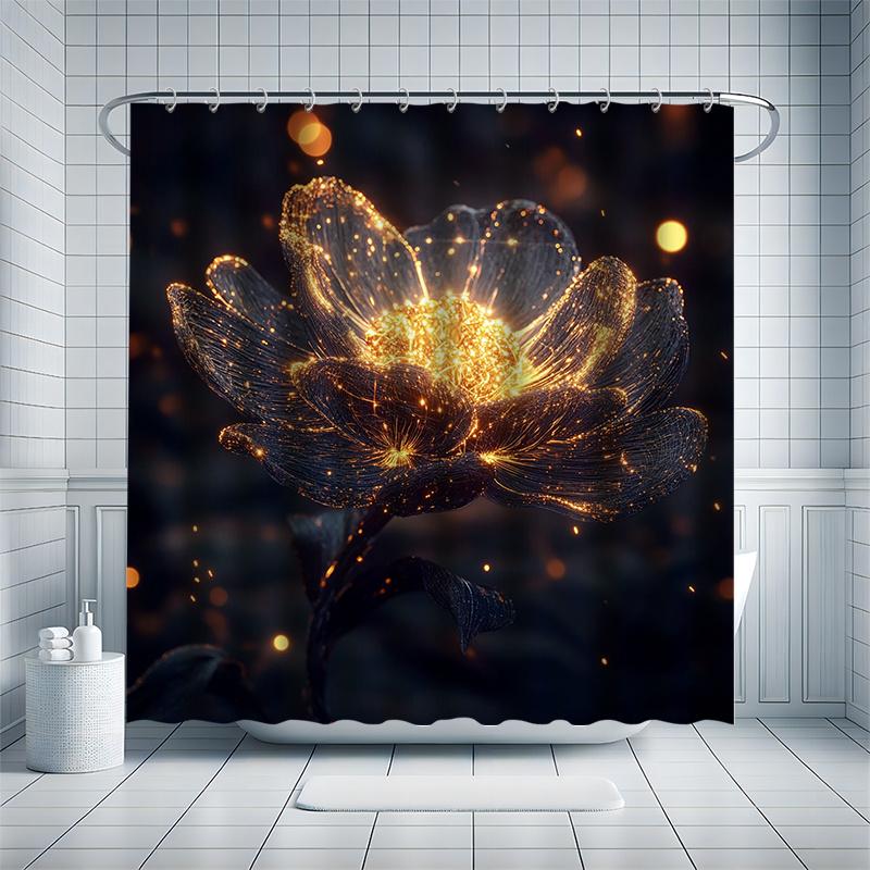 Flowing Flower Shower Curtain Set - Sparkling Light Emitting Stamens, Includes 12 Hooks, Polyester Fabric, Modern Bathroom Decor