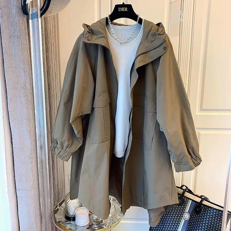 Plus Size Women's Clothing 150.00kg Mid Length Long Length Younger Outdoor Jacket Coat Plus Size Ladies Fall Loose Slim Fit Slimming Trench Coat