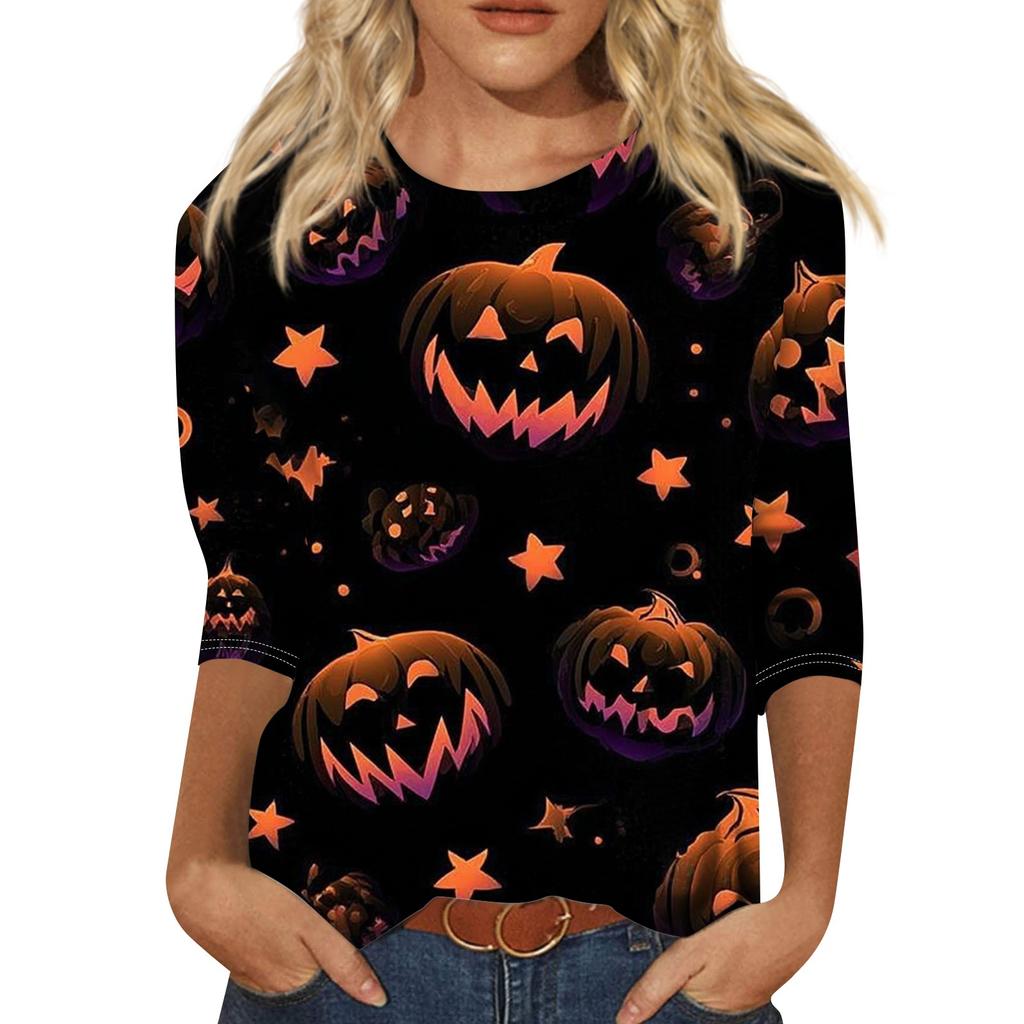 Women's Fashion Casual Round Neck Three-quarter Sleeve Halloween Printed T-shirt Top