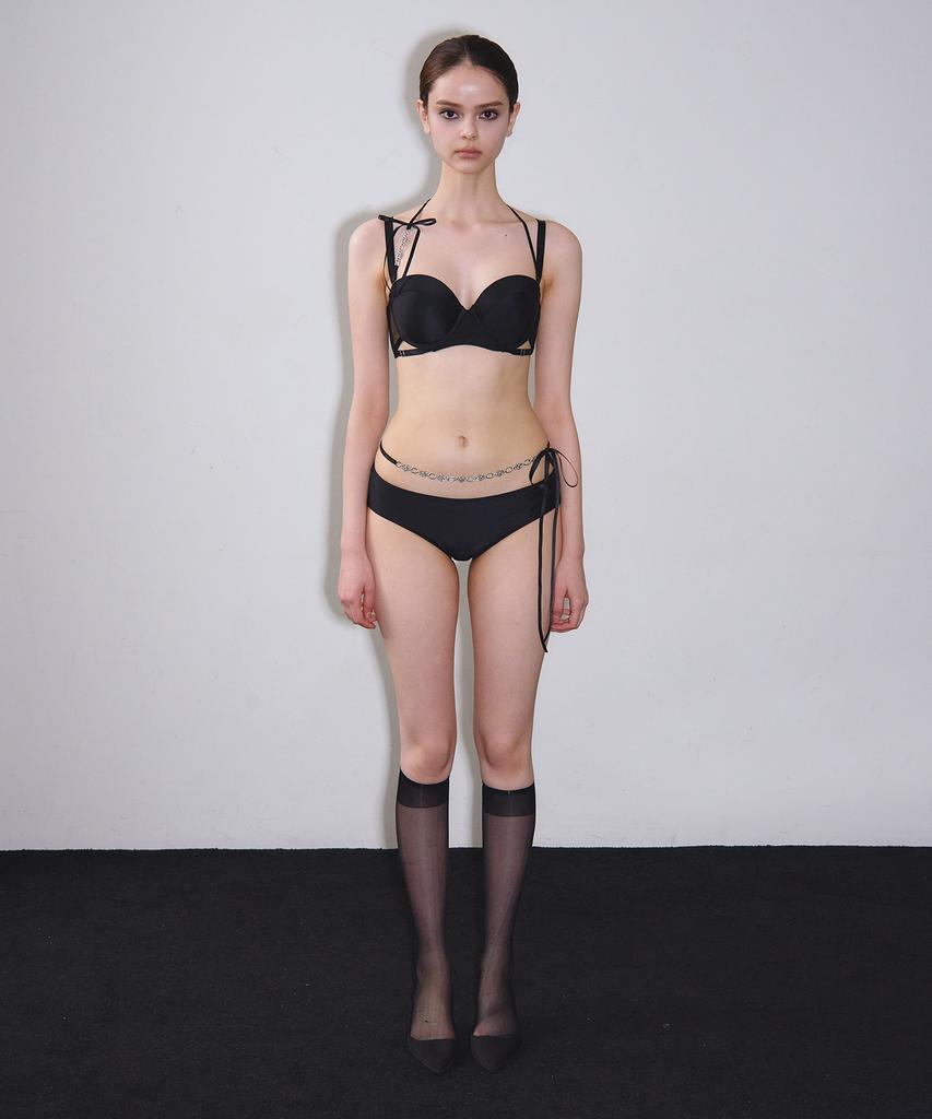 VINAJ N Chain Ribbon Halter Half-Cup Bikini Bra (Black)