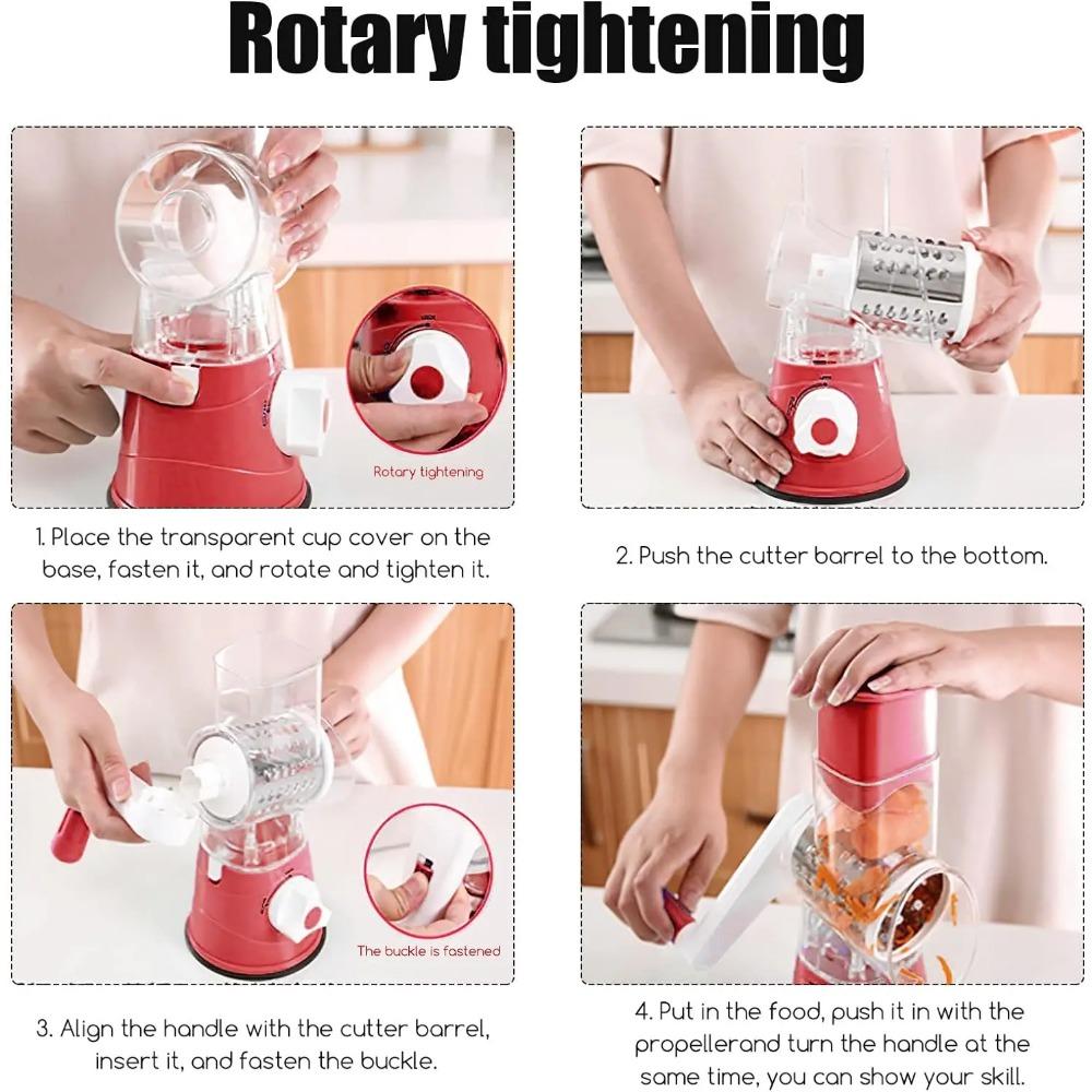 Käseraspel Drehbar, Drehraspel für die Küche, 3 in 1 Reibe Gemüseschneider mit 3 Trommelklingen, Schnelles Schneiden Käsehobel
