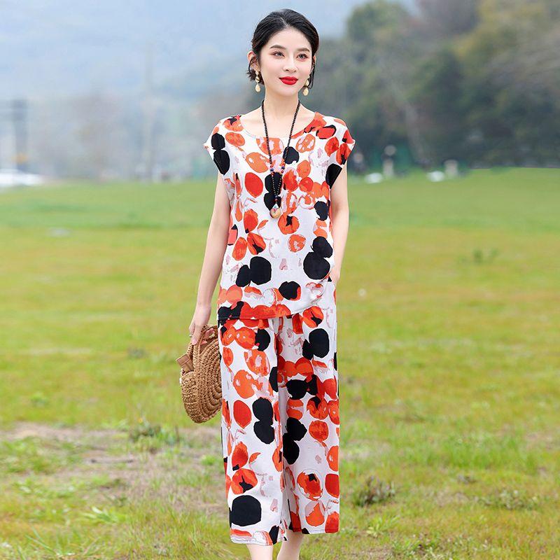 Cotton Silk Two Piece Set Womens Summer Outfit Loose Short Sleeve T-shirt and Pants Casual Trendy Plus Size