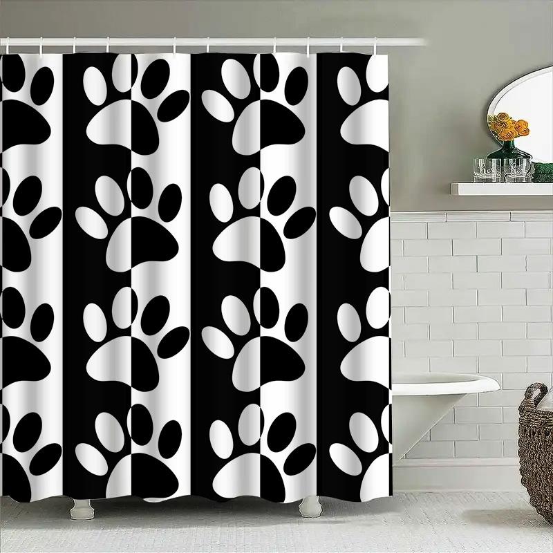 Black And White Paw Print Shower Curtain Set: Modern Decorative Shower Curtains With Ring For Bathroom (Set Of 1) Size 72 X 84