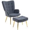 Armchair with Footrest, Upholstered Lounge Chair, High Back, Gold-Tone Steel Legs, Velvet, Dark Gray