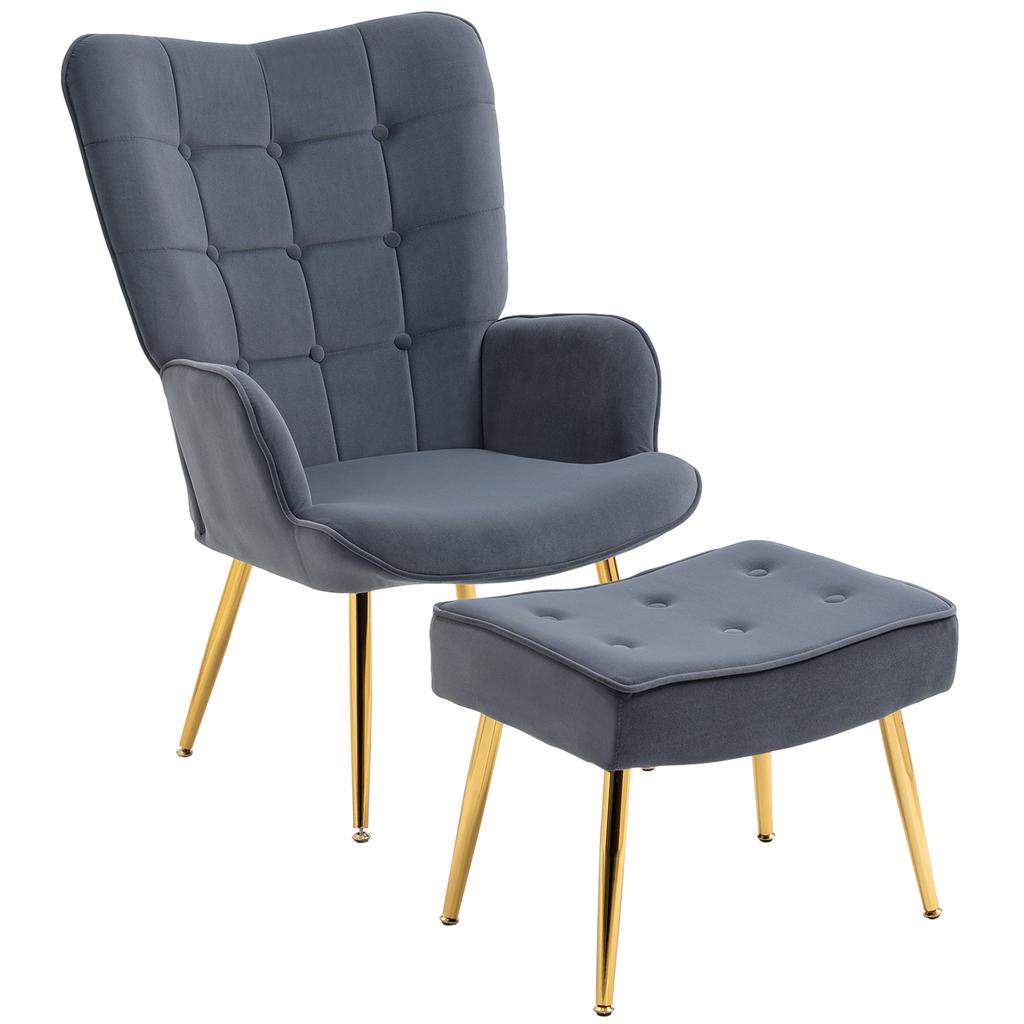 Armchair with Footrest, Upholstered Lounge Chair, High Back, Gold-Tone Steel Legs, Velvet, Dark Gray