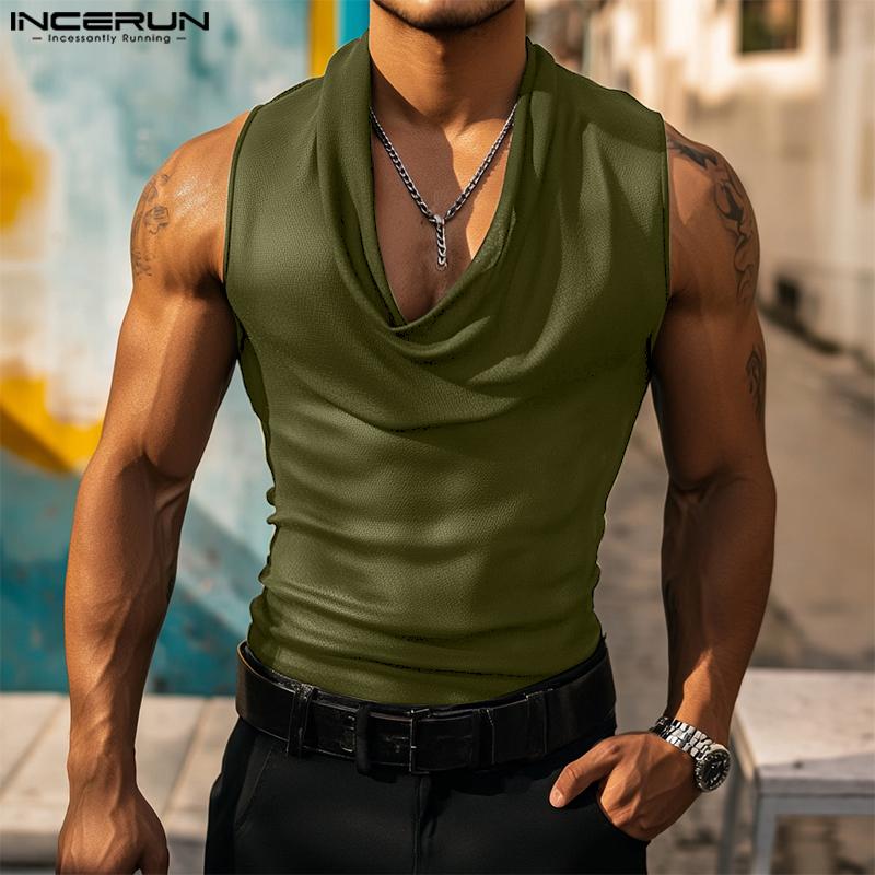 INCERUN Men Summer Low-Cut Swing Collar Sleeveless Thin Casual Tank Tops