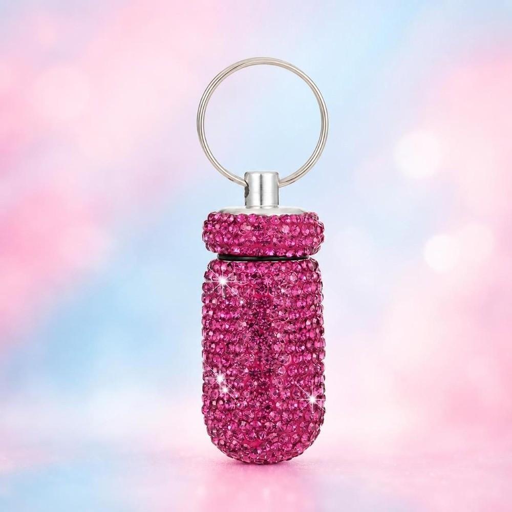 Aluminum Alloy Rhinestone Pill Holder Sparkly Waterproof Keychain Pill Container Durable Sealed Portable Pill Case