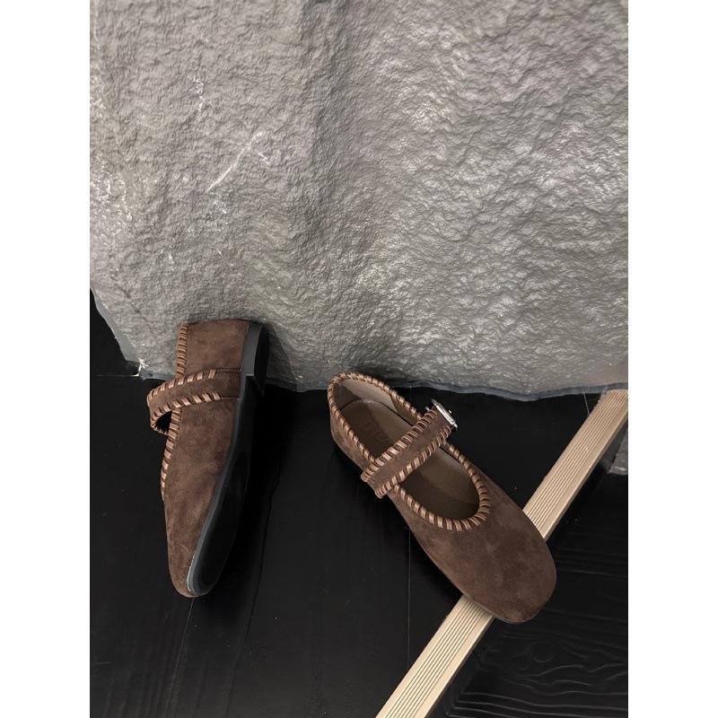 Retro Woven Suede Square Head Word with Shallow Mouth Gentle Evening Breeze Flat Bottom Mary Jane Single Shoes Women