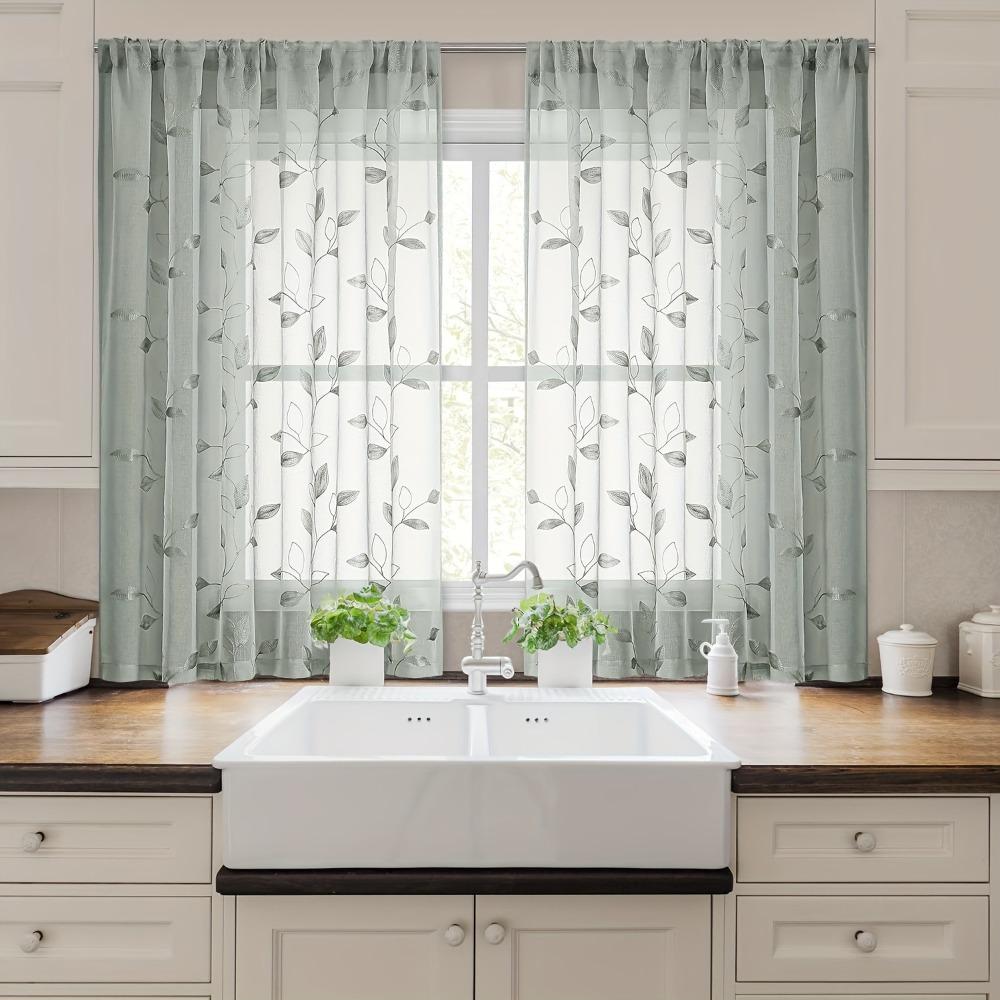 2PCS Semi-Transparent Embroidered Leaf  Window Thin Curtain Sunshade Curtains  Kitchen