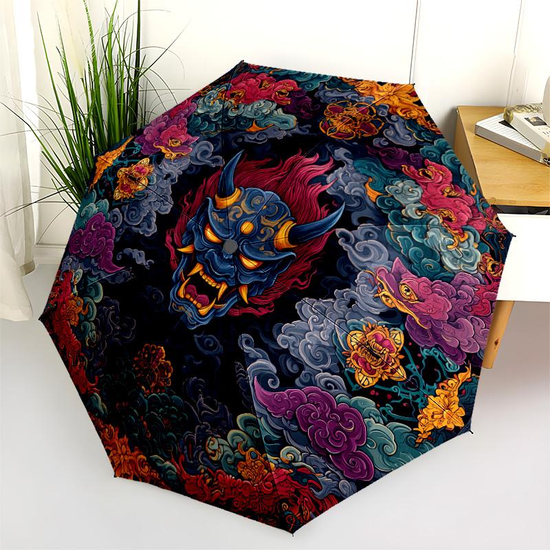 Demon Pattern, Automatic Folding Umbrella, Portable and Foldable Design, 8 Ribs, a Christmas or Birthday Gift.