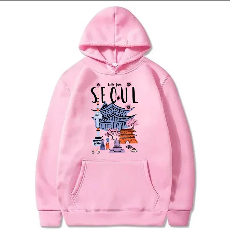 Seoul Beautiful Scenery Printed Hoodie Womens Warm Fleece Comfortable Hoodies Simple Soft Hoodie Street Casual Loose Pullover