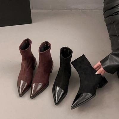 Modische Leder Spitze Zehen Knöchelhohe Stiefel für Damen Marken Designer Wildleder Kurze Stiefel Dicke Mittlere Ferse Damenschuhe Botas Mujer