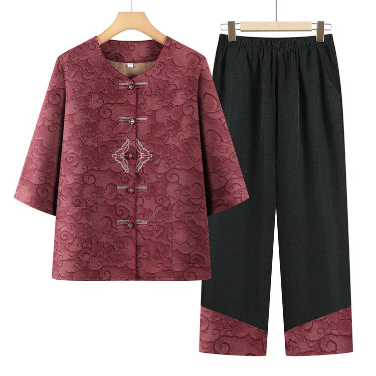 Retro Cloud Pattern Frog Button Two-Piece Set for Middle-Aged & Elderly Women - Plus Size, Loose & Comfortable 3XL