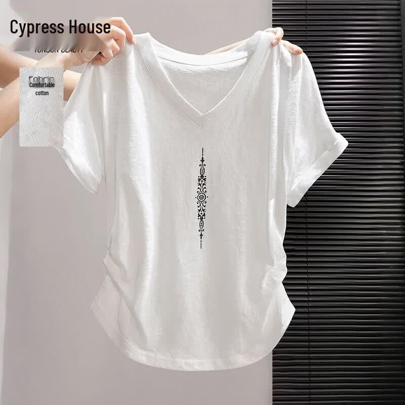 Women s V-Neck Pleated Printed Short Sleeve T-Shirt S