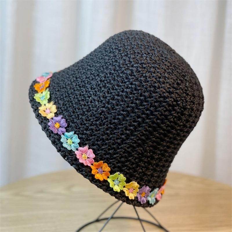 Crochet Bucket Hat with Flower Decals Summer Spring Bucket Hat Crochet Floppy Hat for Adult Teen Hat Knitted Sun Hat