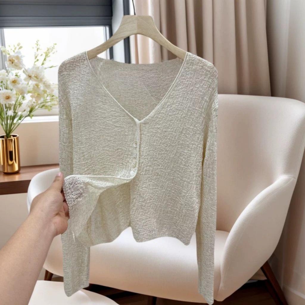 Fashionable Lightweight V-neck Cardigan - Transparent Summer Long Sleeved Shawl, Women's Casual Sexy Style, Elegant Cardigan
