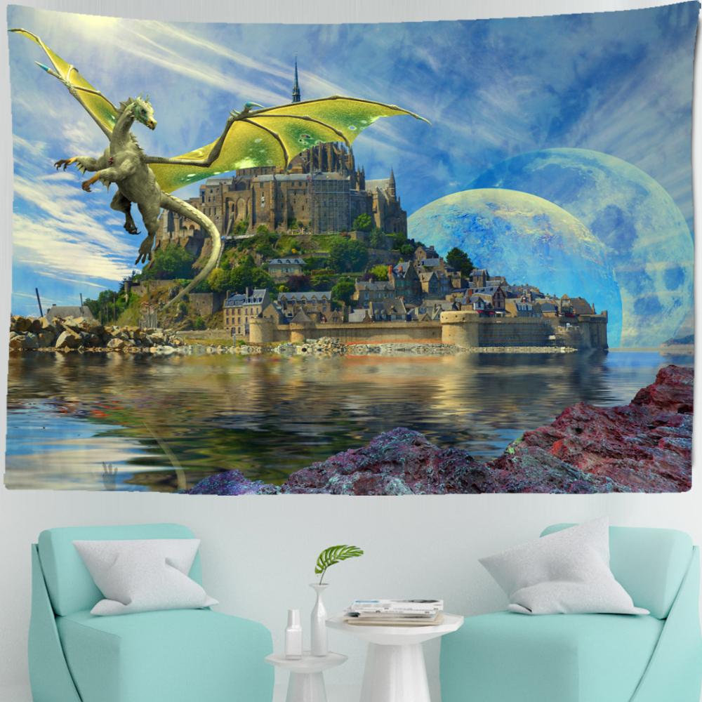 Uçan Ejderha Peri Masalı Şato Goblen Duvar Askısı Bohem Yağlıboya Hippi Halı Çocuk Odası Yurt Aile Dekoru