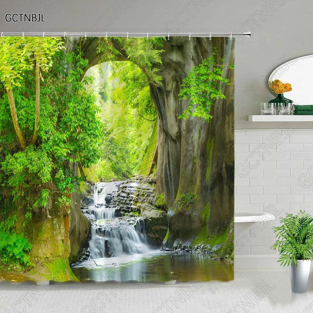 Modern 3D Printing Green Plant Tree Scenery Shower Curtains Forest Bamboo Landscape Bath Curtain Set For Bathroom Decor Cloth