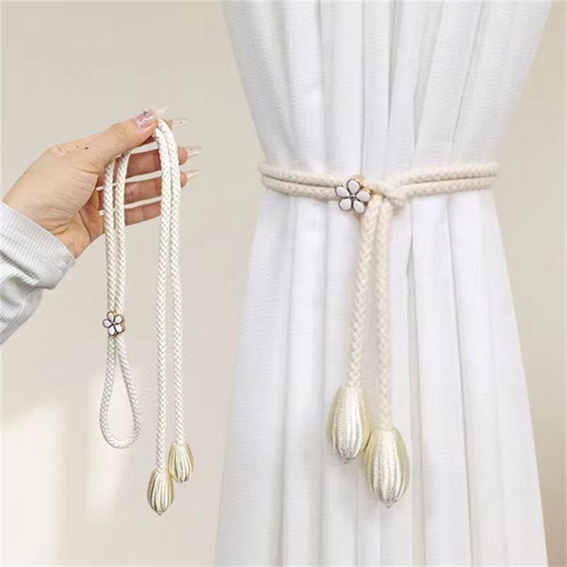 1 Adjustable Hand Braided Curtain Fasteners with Small Metal Drapes - No Punch Size Universal Elastic Curtain Strap