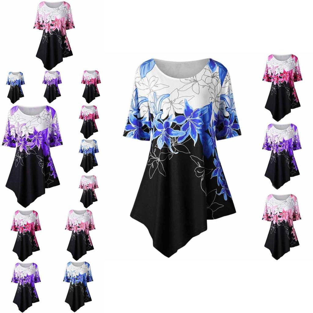 Fashionable Women Ladies Asymmetric Hem Floral Print T-shirt Tunic Tops For All Sizes