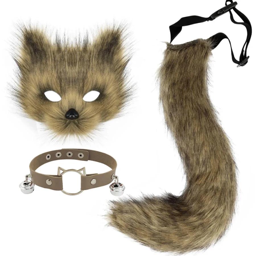 Faux Fur Fox Mask Wolf Cat Fluffy Tail and Leather Necklace Set Halloween Party Cosplay Costume Accessory