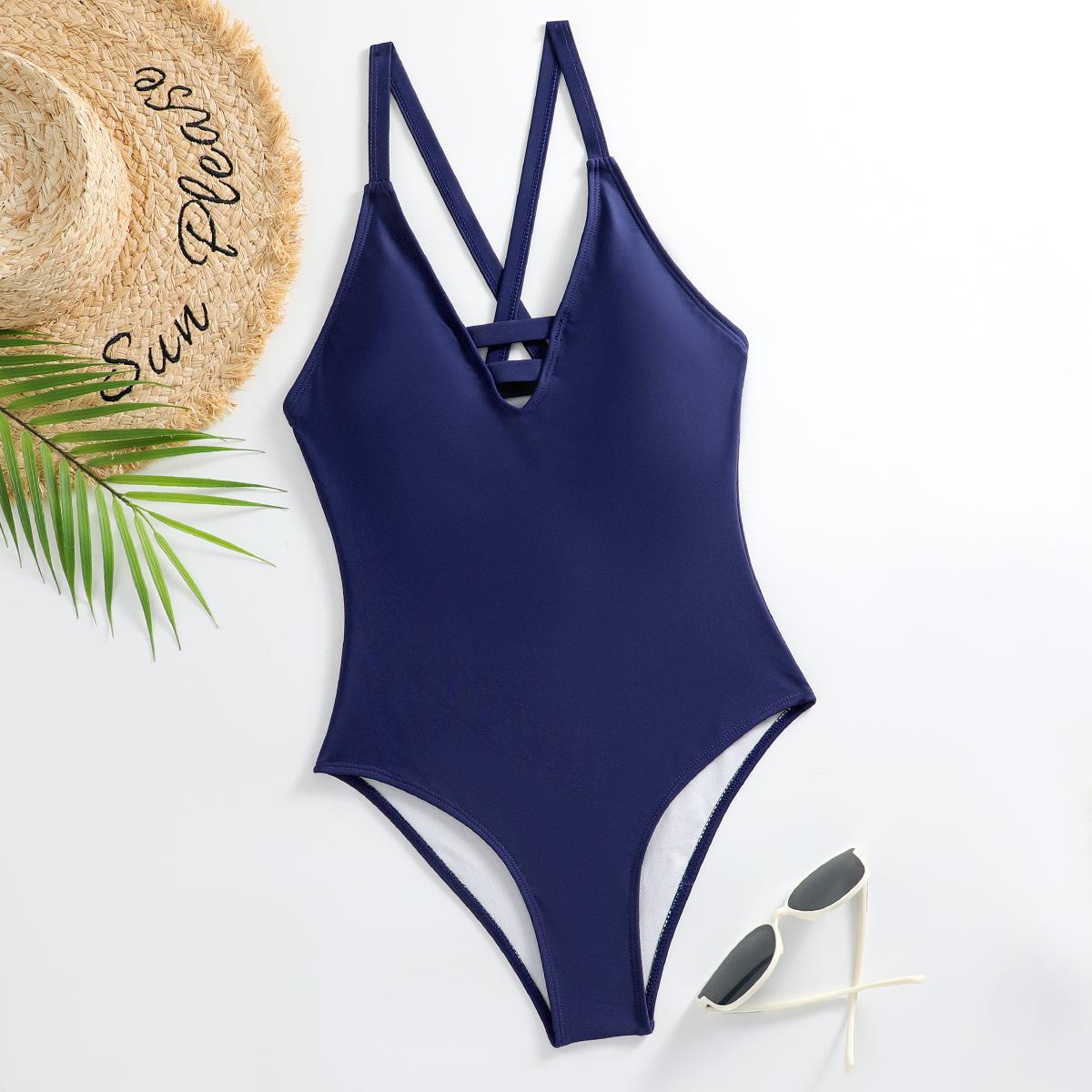 

Цельный купальник, женский купальник, новинка 2024 года, однотонный черный монокини с высоким вырезом, сексуальный купальный костюм с v-образным вырезом, женский купальный костюм, пляжная одежда XL XL синий