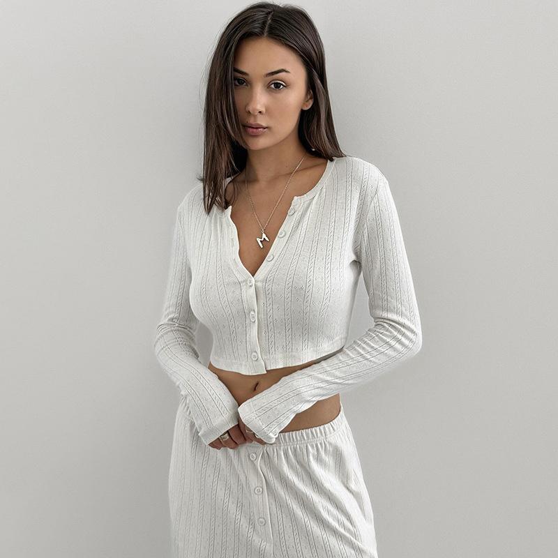 Jednobarevná pletená dvoudílná sada Dámský základní top s dlouhým rukávem a přezkou Elastické široké kalhoty Jednoduchý ležérní oblek Módní novinka jaro