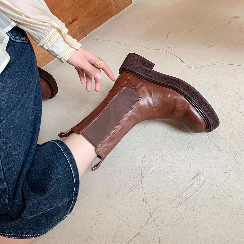 Krazing Pot Cow Leather Autumn Winter Shoes Round Toe Med Heels Slip On Concise Style Women Ankle Boots