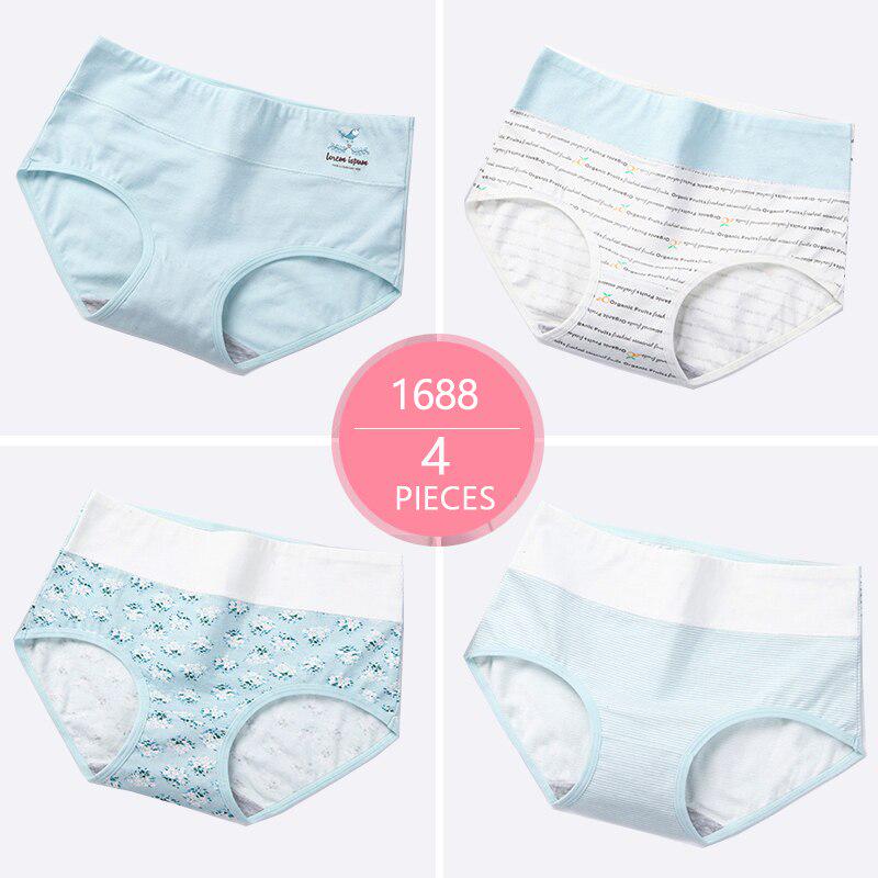 4Pcs High Waist Panties Women Breathable Cotton Underwear Cute Print Seamless Briefs Intimates