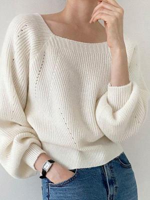 Damen Dickstrickpullover: Herbst/Winter 2023, Eckiger Kragen, Puffärmel, Lockere Passform.