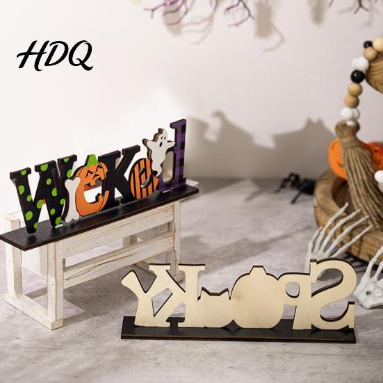 Creative Photography Props Halloween Wooden Table Sign Spooky Wicked Tiered Tray Decor Pumpkin Black Office Desk Festive Ornaments Cat Ghost Design,