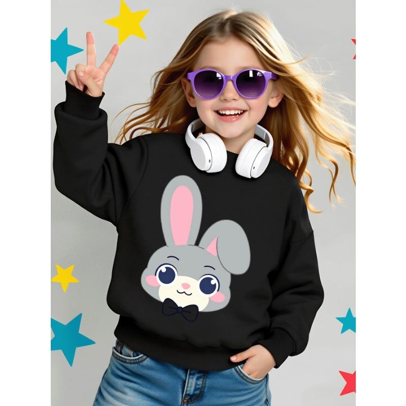 European sizes Girls' Round Neck Sweatshirt, Casual Printed Pullover, Cute Gray Bunny with Bow Tie, Autumn And Winter Warm Fashion Top.