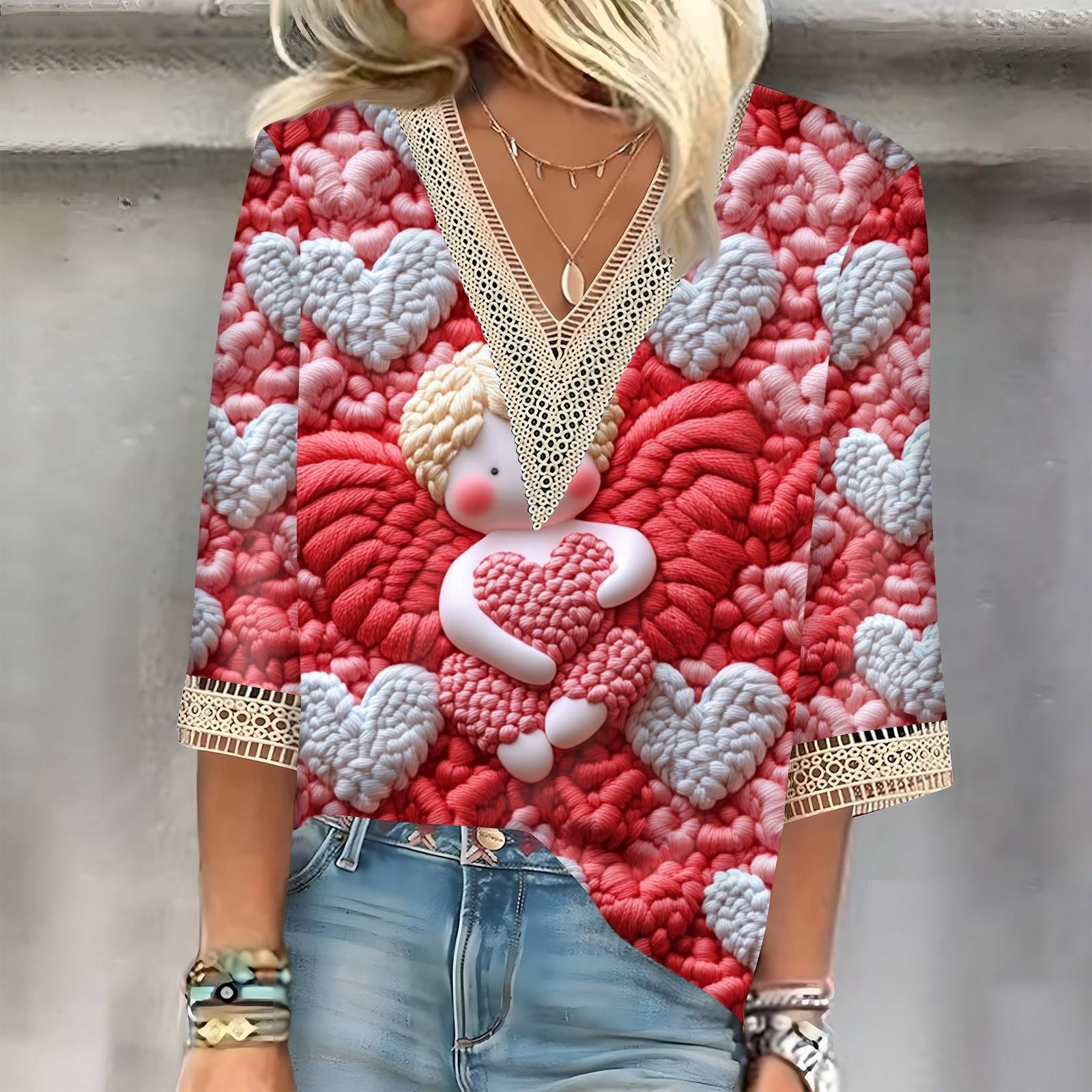 

Женский топ с рукавом три четверти, кружевной, с 3D-принтом ко Дню святого Валентина XL арбуз красный