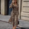 New leopard print long-sleeved dress temperament commuting high waist collar women's long dress