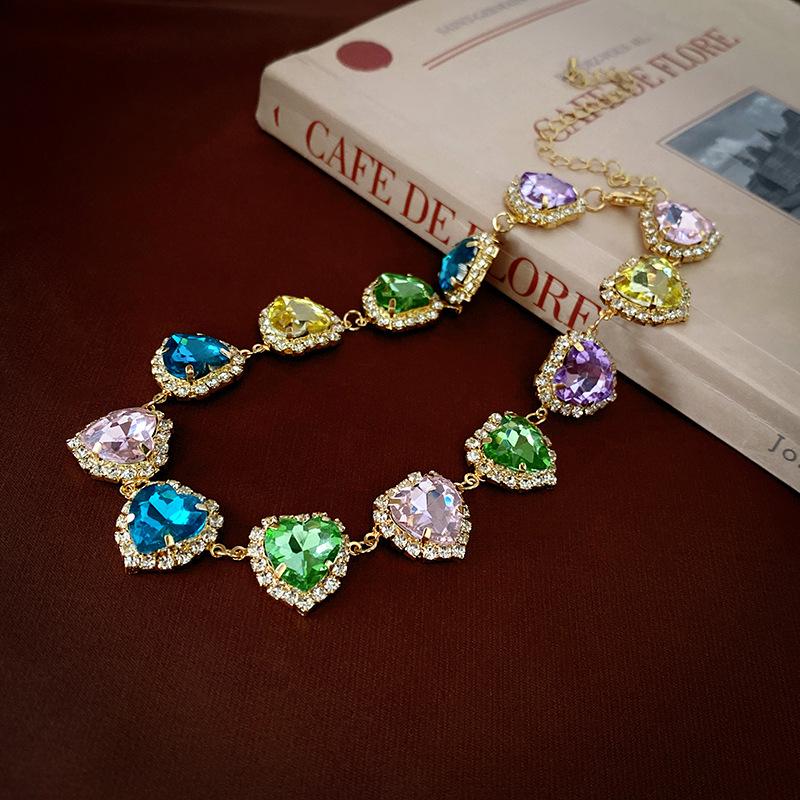 Colorful Rhinestone Heart Choker Necklace - French High-End Luxury Fashion for Women