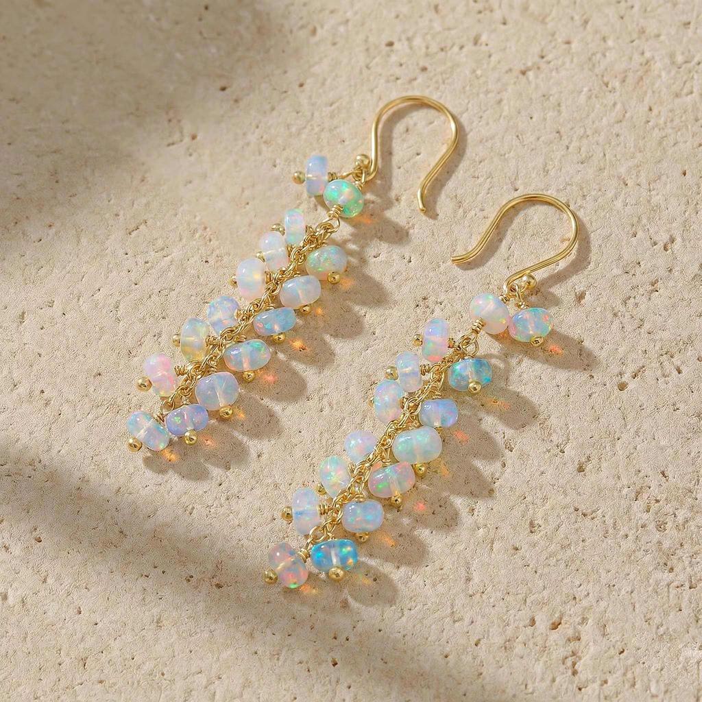 White Ethiopian Opal Beads Drop and Dangle Earrings, Multifire White Opal Rondelle Beads Earrings, October Birthstone Jewelry, Handmade Gift