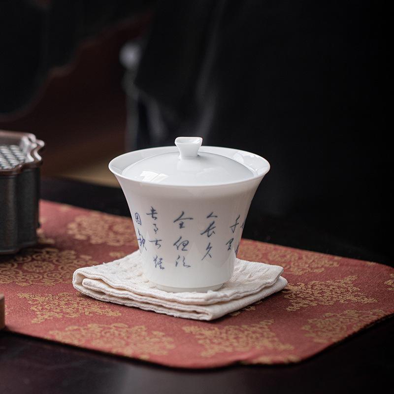 

130ml Handwritten Calligraphy White Porcelain Gaiwan Luxury Tea Tureen Tea Bowl With Lid Kit Tea Maker Cover Bowl Chinese Teaset