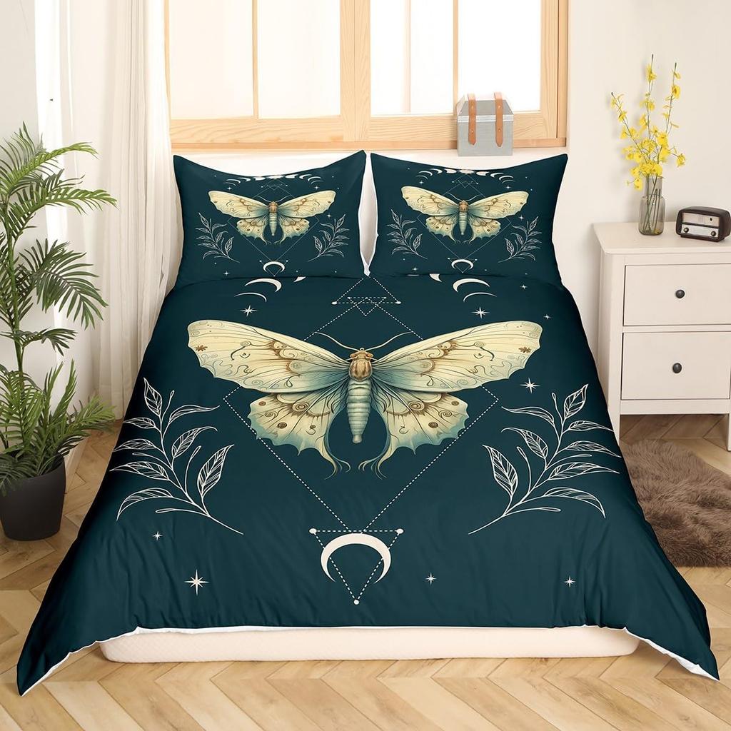 Death Moth Duvet Cover,Butterfly Comforter Cover Set Twin Size,Sun and Moon Galaxy Bedding Sets for Kids Boys Girls,Gothic Butterflies Boho