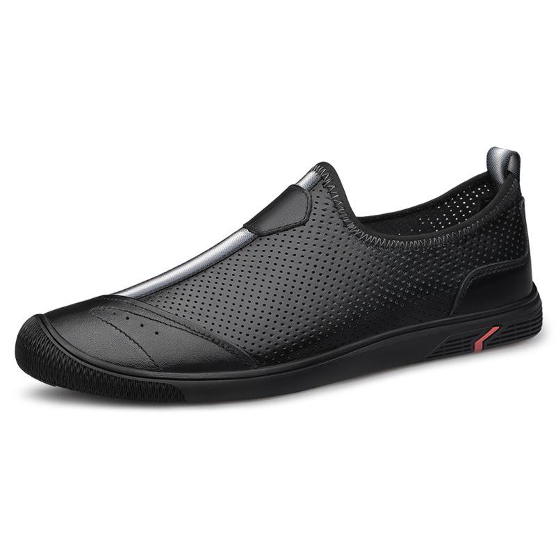 Men's Shoes 2025 Summer New Men's Thin Punching Breathable Hollow Leather Shoes Black One-pedal Lazy Casual Shoes